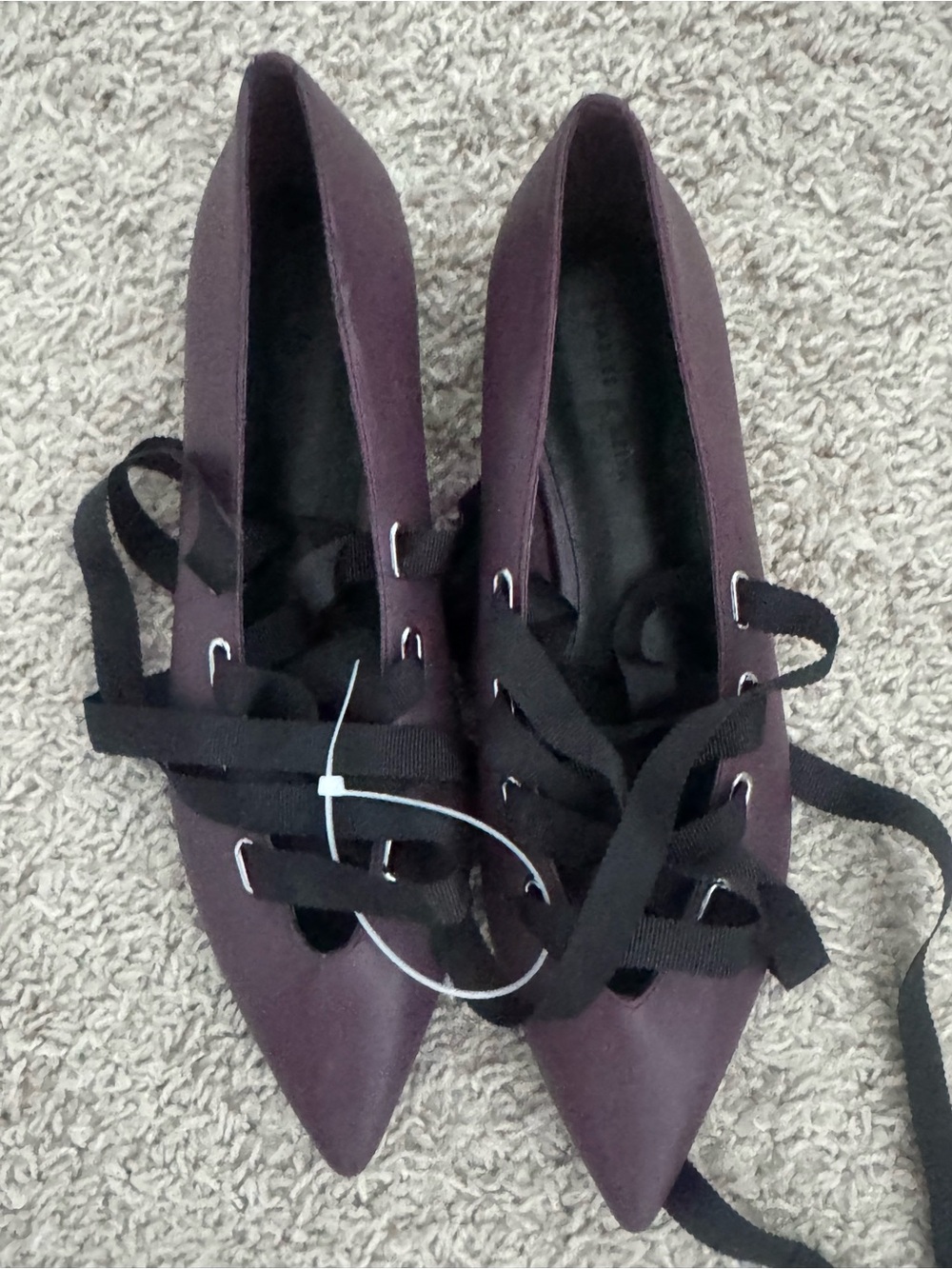 Charles & Keith Pointed Lace-Up Flats in Plum